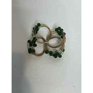Vintage Green Beaded Brass Gold Tone Wrapped Wire Napkin Rings Set of Four